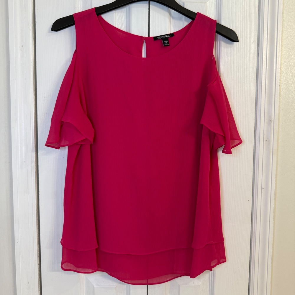 ✨Roz & Ali Cold Shoulder Top Ruffle‎ Sleeve Keyhole Blouse Pink 1X